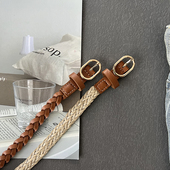 饰衬衣连衣裙细皮带 麻绳复古棕色白色装 新款 免打孔编织小腰带女