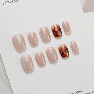 手工穿戴甲裸粉色玻璃珠猫眼纯色晕染显白穿戴美甲成品指甲贴短款