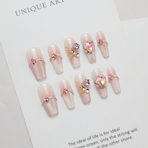 手工穿戴甲裸粉色猫眼手作贴钻满钻高级穿戴美甲成品指甲贴中长梯