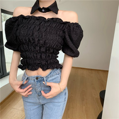 Real shot real price Korean version one shoulder bubble sleeve shirt 2021 new foreign style careful machine hanging neck waist top