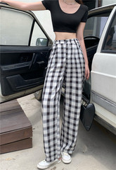 實拍實價韓版高腰直筒黑白格子休閒褲夏季寬鬆墜感格子褲