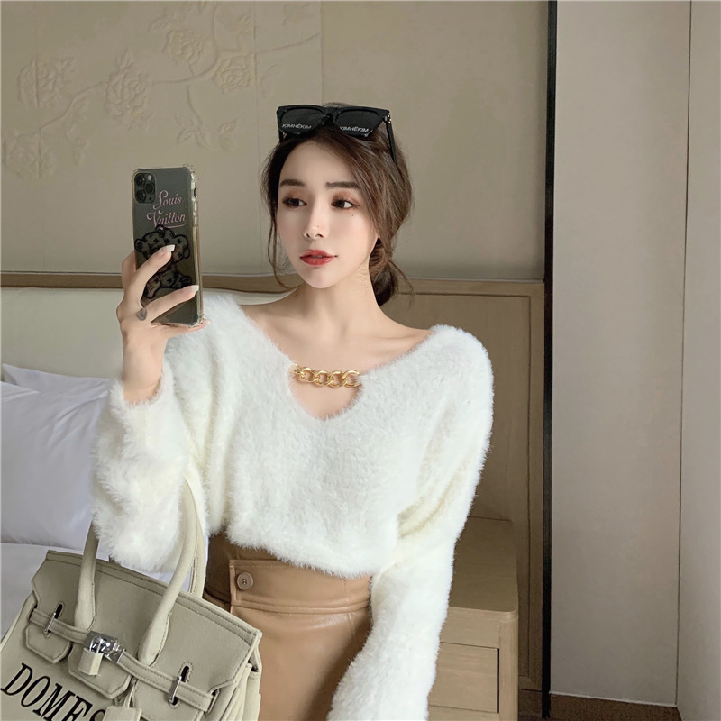 Real price temperament V-neck chain mink wool T-shirt 2021 new spring lazy style Pullover long sleeve sweater