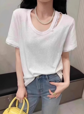 白色圆领镂空短袖女t恤夏季蕾丝花边正肩设计感小众优雅上衣棉质T
