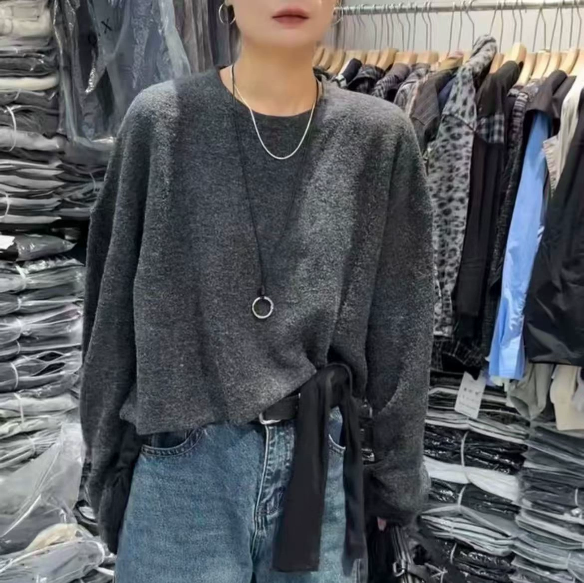 灰色短款毛呢上衣女时尚洋气时髦秋冬季大码胖mm宽松休闲长袖百搭