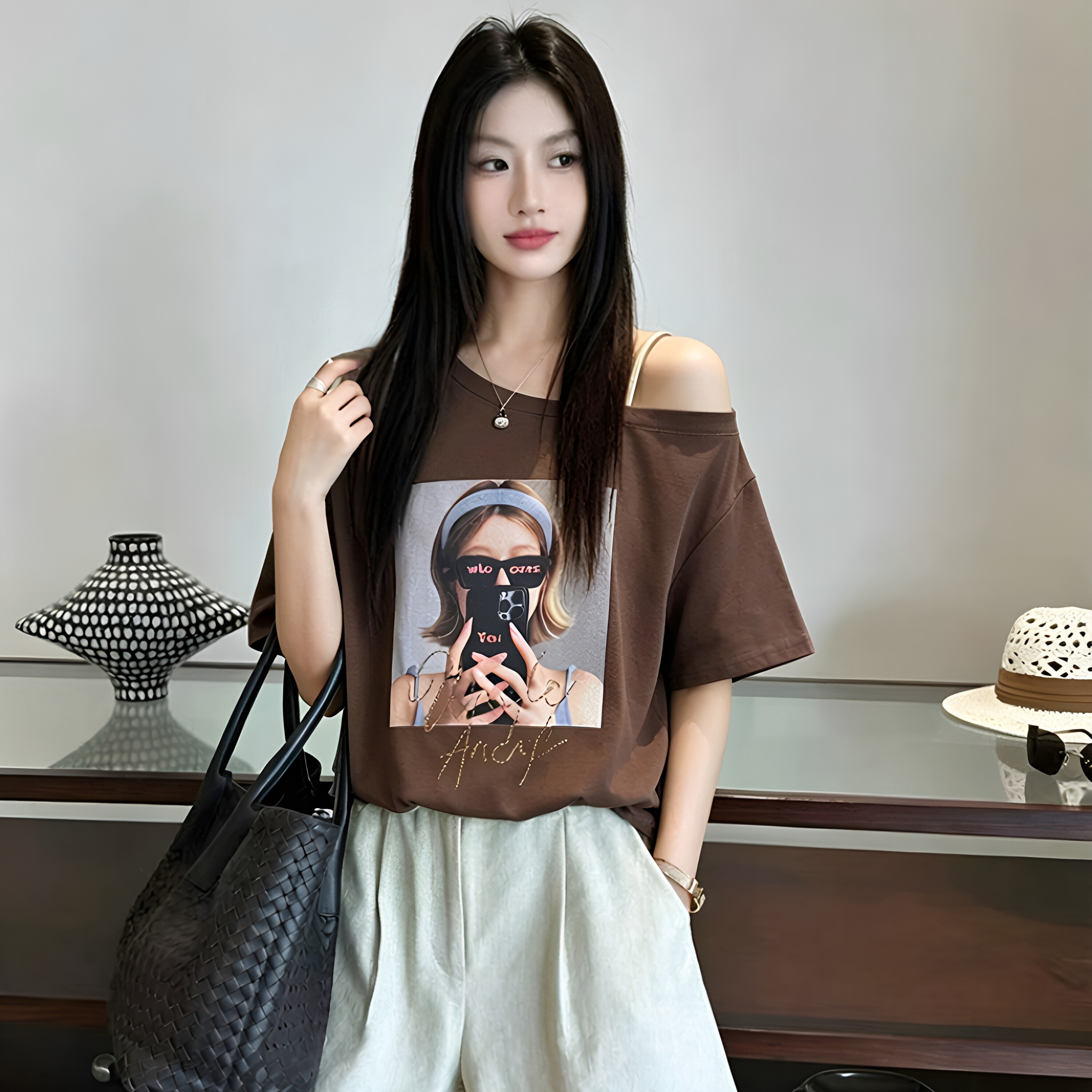 夏季斜领露肩小众大码显瘦T恤女