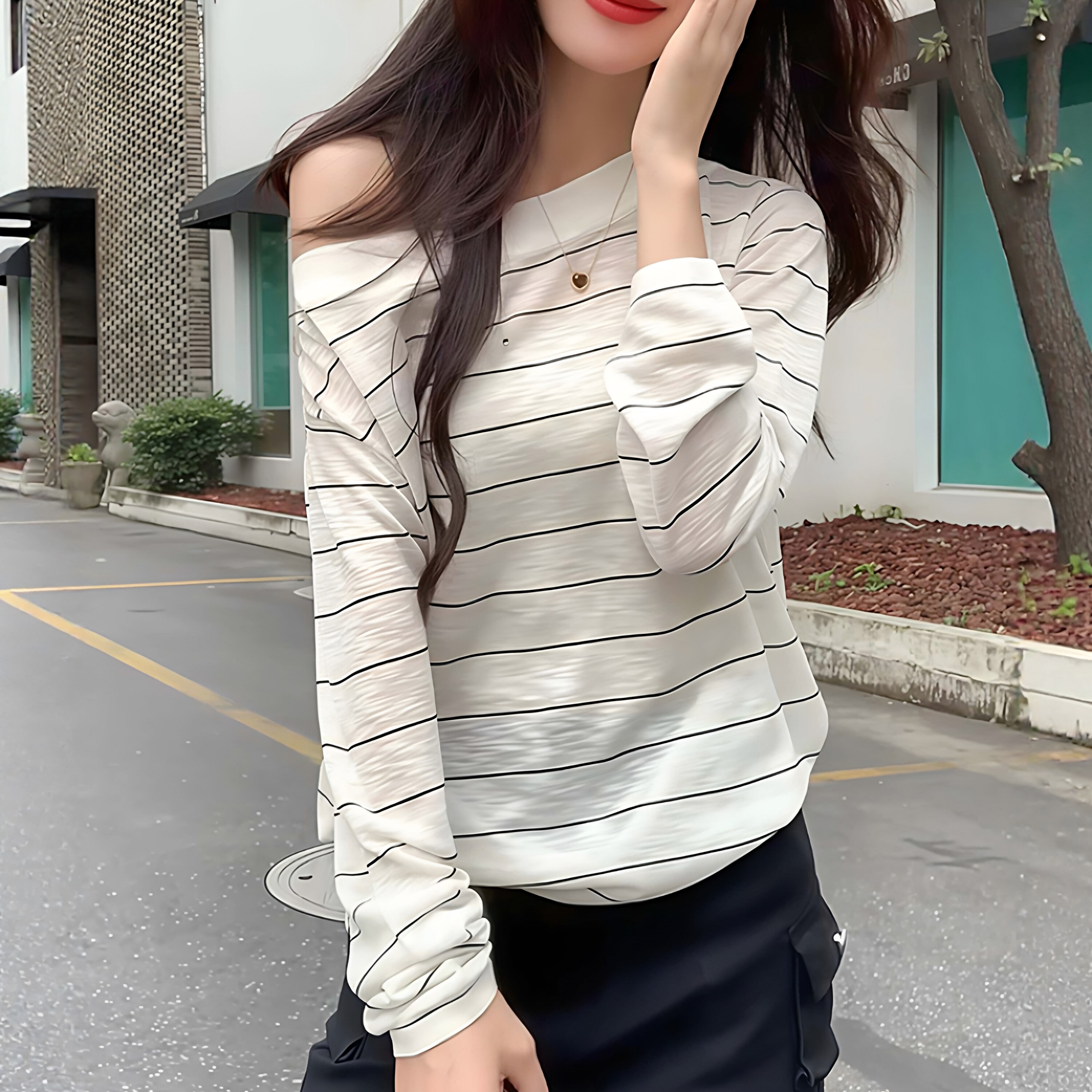 白色t恤女长袖宽松夏季胖mm大码一字领薄款露肩上衣条纹防晒罩衫T