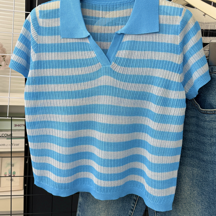 蓝色条纹POLO领短袖针织衫女宽松