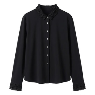 翻领德绒打底衬衫女轻奢高级感春秋长袖开衫蕾丝拼接减龄洋气上衣