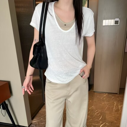 V领宽松假两件上衣女时尚洋气短袖T恤夏季微胖显瘦设计感棉质上衣