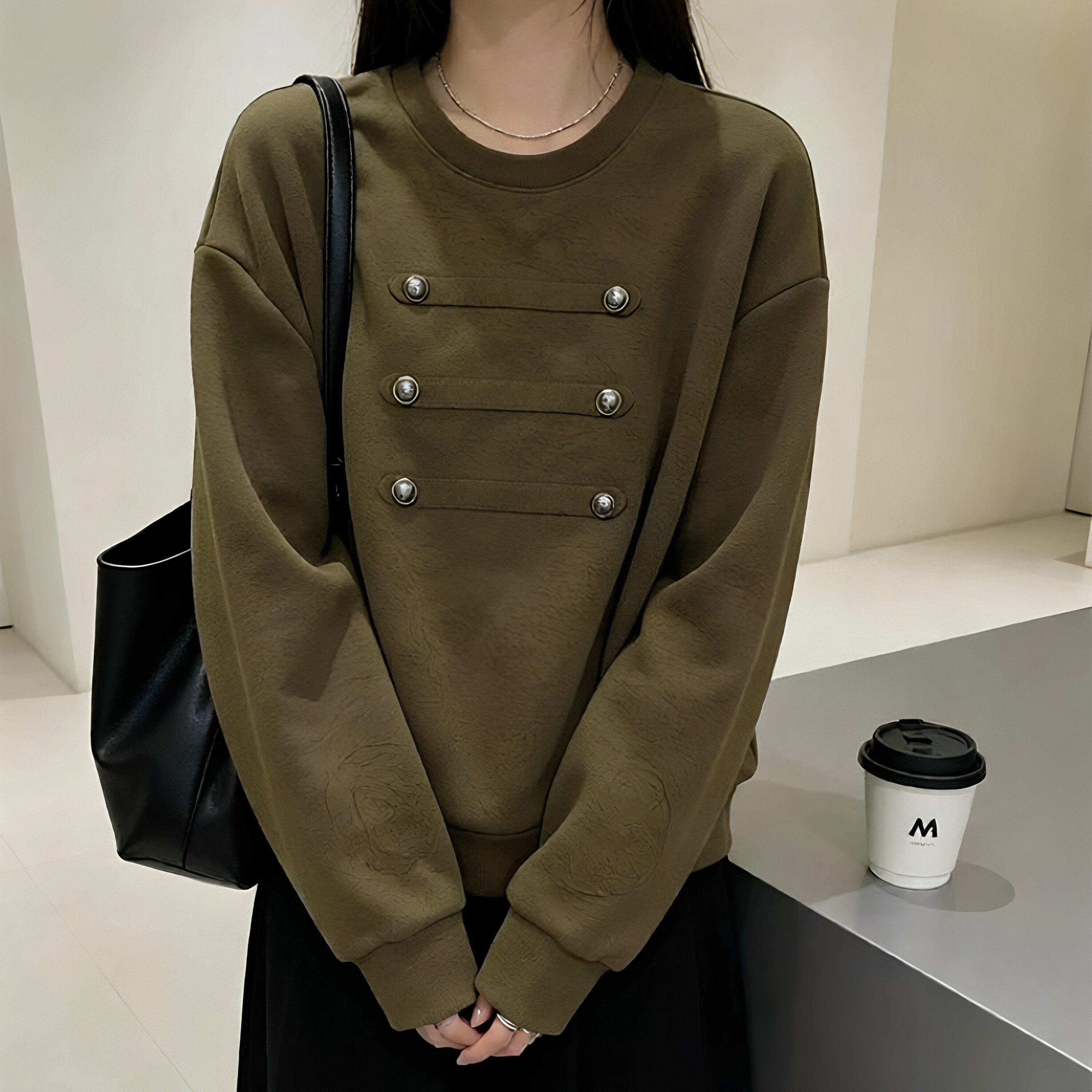 秋冬季高智感穿搭圆领卫衣女胖mm大码宽松纯色长袖套头外套遮肚子