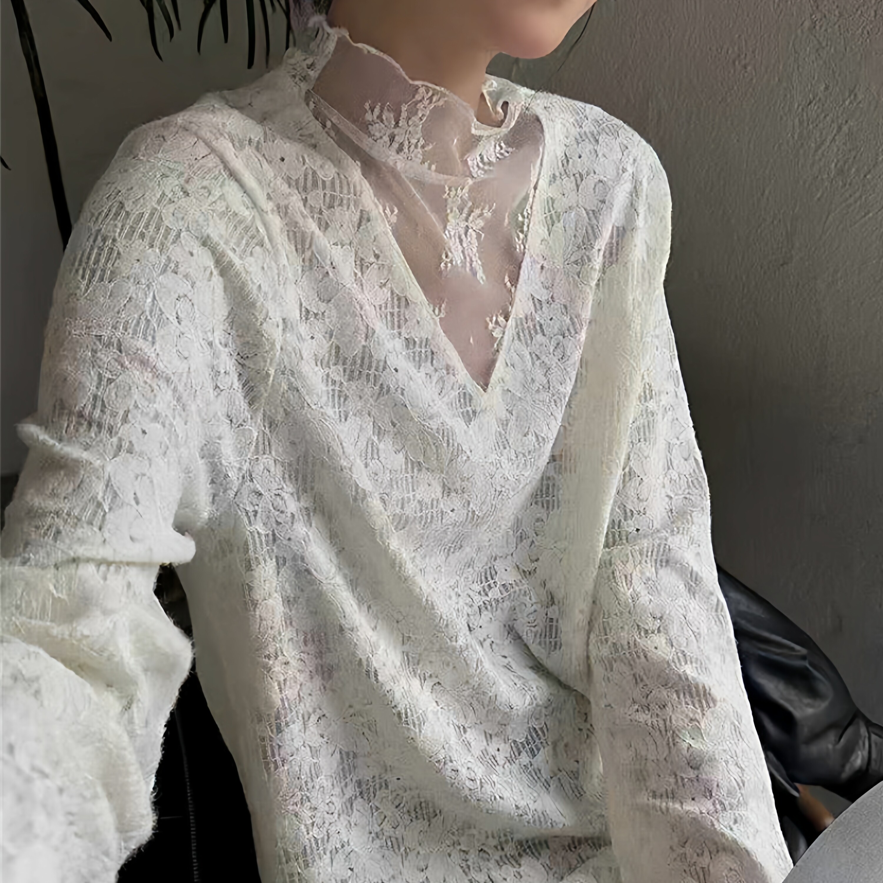 米白色女士蕾丝内搭上衣长袖宽松微胖mm气质显瘦半高领打底衫薄款