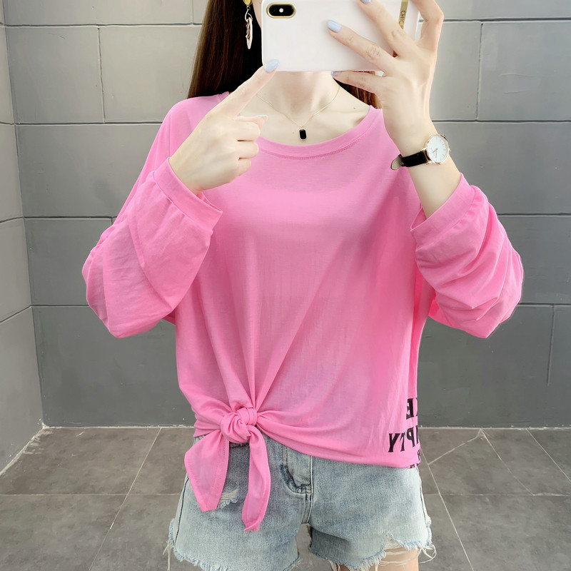 下摆打结t恤宽松上衣女设计感小众大版夏季多巴胺长袖防晒罩衫潮T,女装/女士精品,T恤,淘宝优惠券,粉丝福利购,淘宝优惠卷