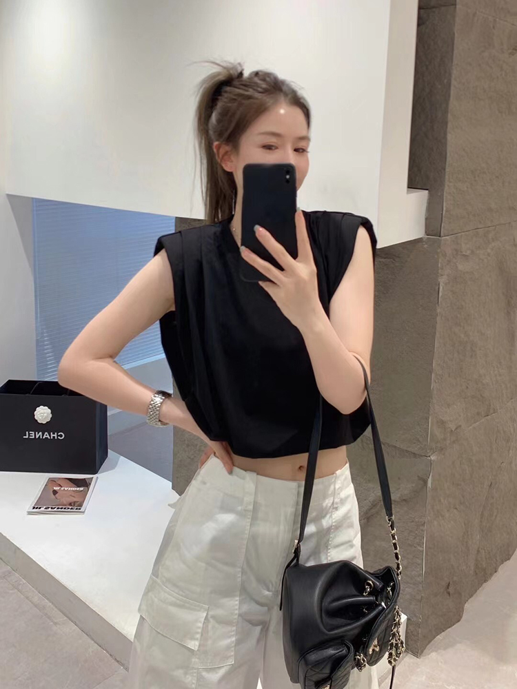 纯色宽松大版无袖垫肩t恤女设计感下摆抽绳洋气短款上衣衫背心棉T
