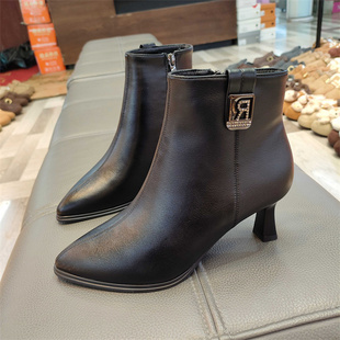 实体店女鞋2025冬加绒保暖欧美风细跟短靴中跟时装靴巨一35152