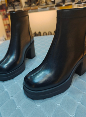 实体店女鞋冬款牛皮真皮粗跟短靴加绒后拉链信诺236005