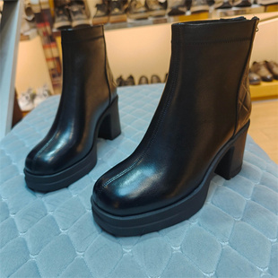 实体店女鞋冬款牛皮真皮粗跟短靴加绒后拉链信诺236005