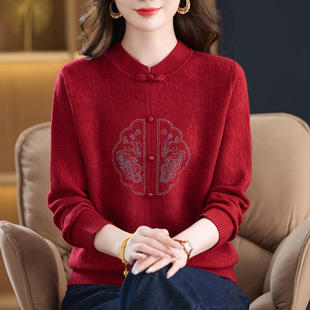 中老年妈妈洋气高贵针织衫 盘扣上衣女宽松羊毛衫 新中式 加肥加大码