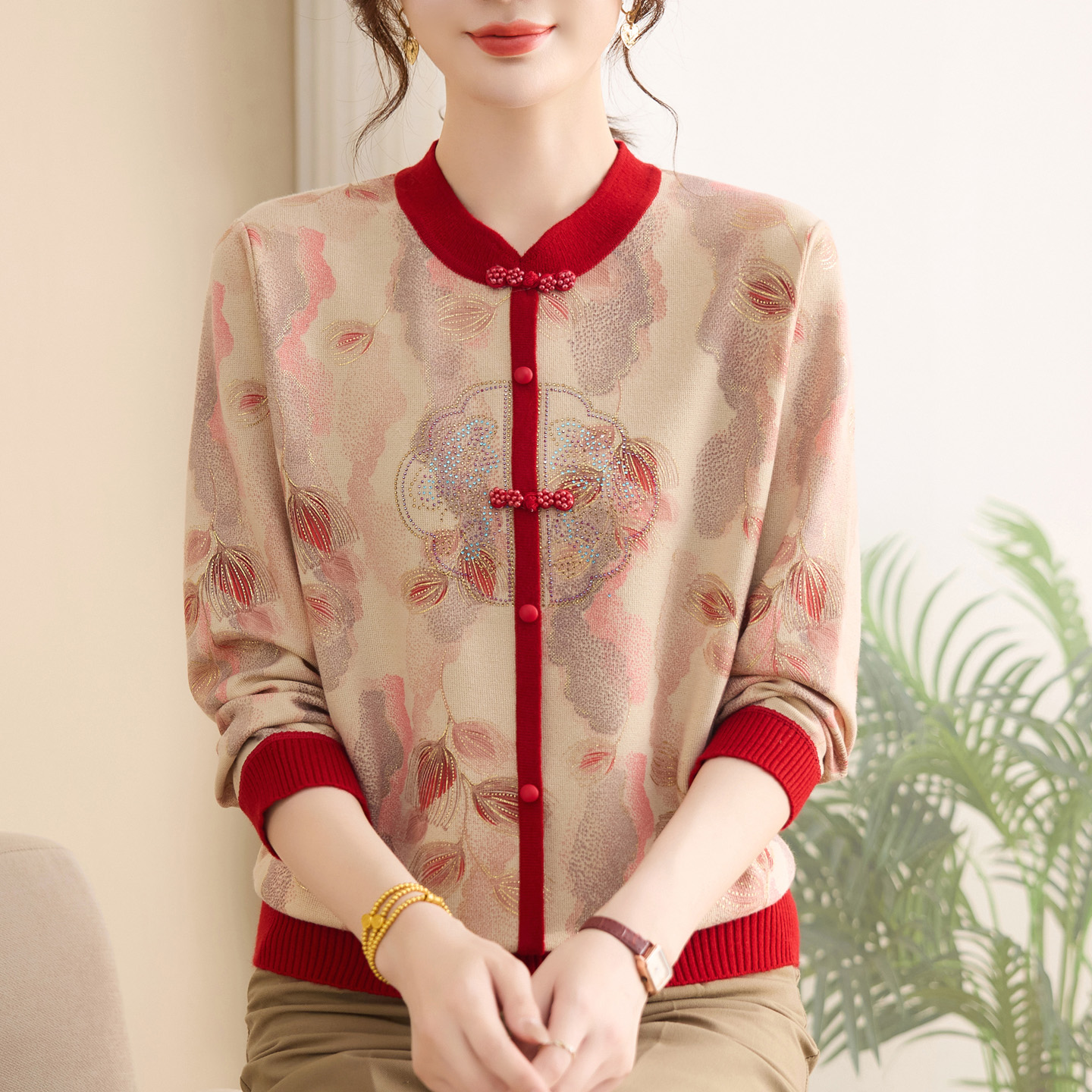 初秋薄针织衫加肥加大码桑蚕丝长袖上衣中老年妈妈新中式打底衫女