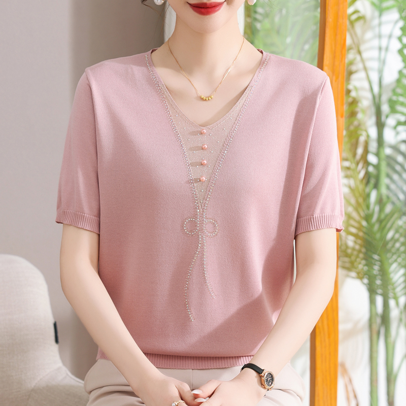 妈妈夏季短袖冰丝T恤衫加肥加大码女装中老年宽松洋气桑蚕丝上衣