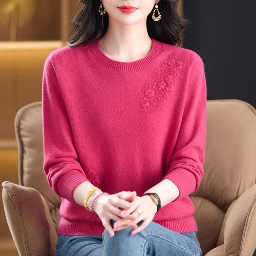 100%纯羊绒衫女秋冬提花毛衣加肥加大码中老年妈妈洋气高贵打底衫