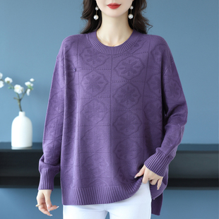 中年妈妈秋冬打底毛衣加肥加大码女装胖mm宽松开叉圆领羊毛衫上衣