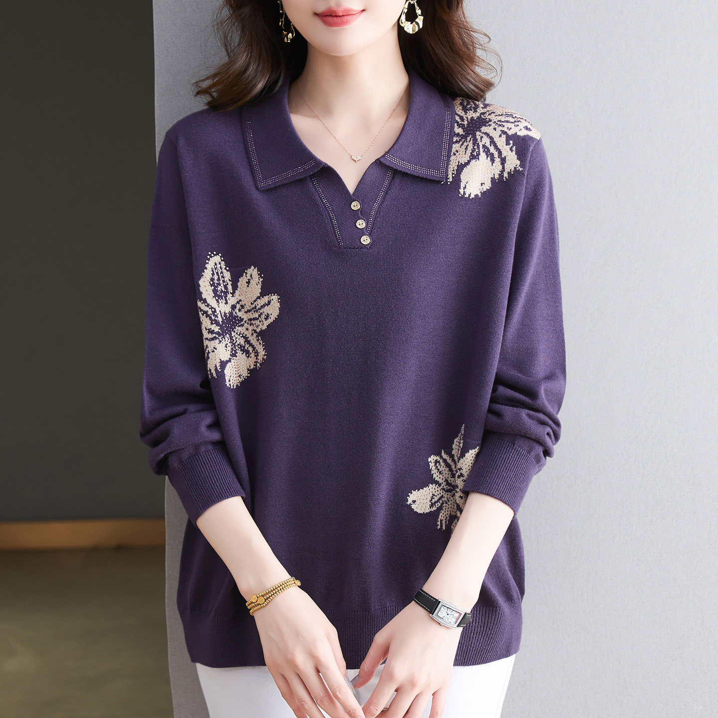 秋冬中长款提花羊毛衫女加肥加大码中老年妈妈宽松遮肚打底针织衫