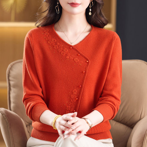 100%纯羊绒衫女上衣秋冬提花毛衣加肥加大码中老年妈妈洋气打底衫