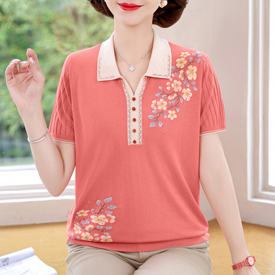 T恤桑蚕丝绣花宽松遮肚洋气