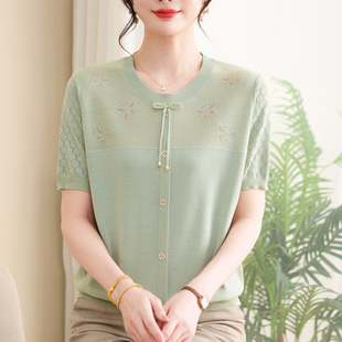 中年妈妈宽松洋气桑蚕丝上衣 夏季 短袖 冰丝T恤凉快加肥加大码 女装