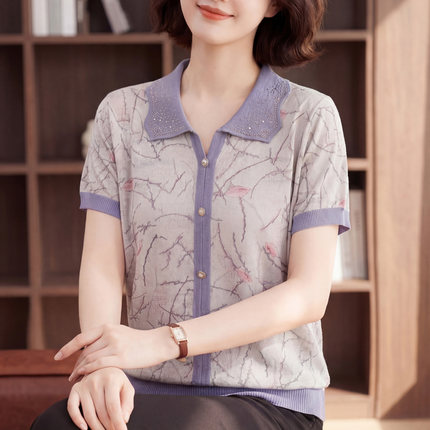 加肥加大码中老年短袖翻领印花冰丝上衣夏妈妈洋气宽松桑蚕丝T恤
