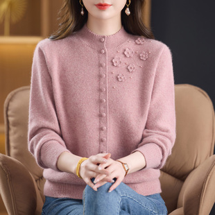 立体花朵100%纯羊绒衫女高档上衣加肥特大码中年妈妈冬季加厚毛衣