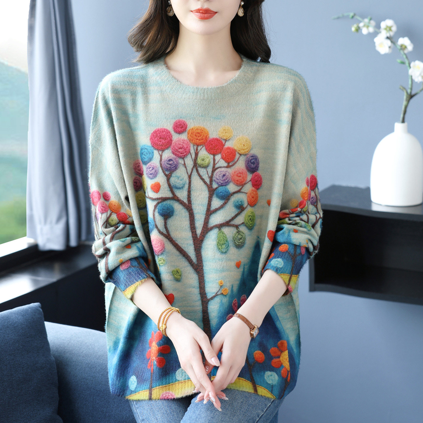 特大码女装200斤秋冬印花羊绒衫上衣洋气中老年妈妈宽松遮肚毛衣