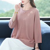 女装 中年妈妈初秋冰丝针织衫 薄加肥加大码 宽松立体花朵桑蚕丝上衣