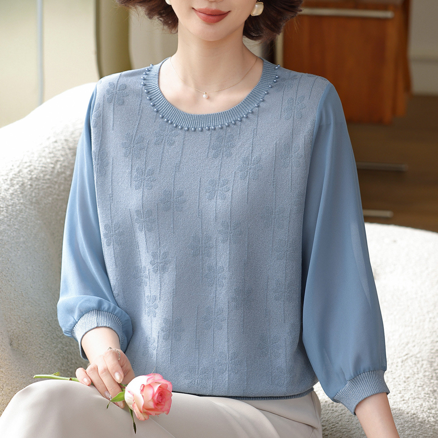 加肥加大码提花七分袖针织衫女中年妈妈秋装薄款宽松遮肚纱袖上衣