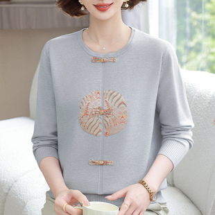 洋气中年妈妈秋冬新中式羊绒上衣宽松加肥加大码女装老年人针织衫