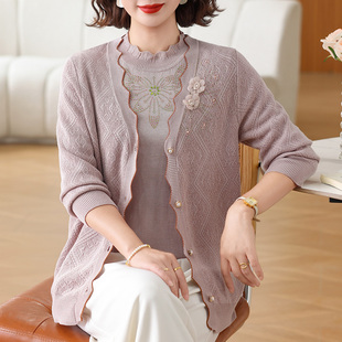 中老年绣花针织开衫女两件套加肥加大码洋气妈妈春装冰丝薄款外套