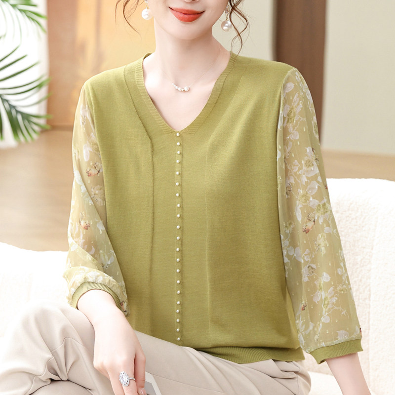 春夏洋气桑蚕丝上衣女中年妈妈宽松遮肚加肥加大码纱袖冰丝T恤薄