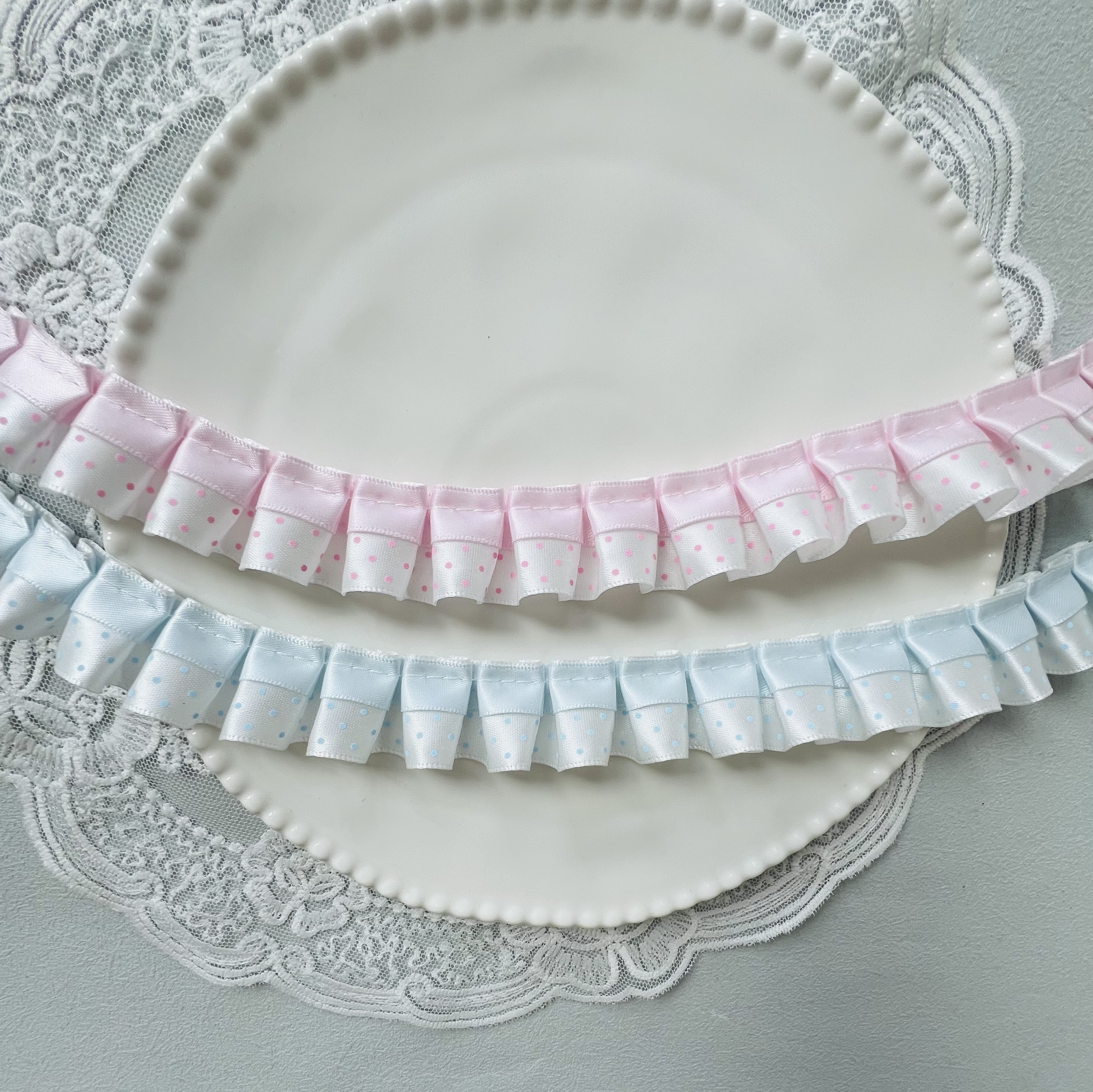 2.5公分粉蓝色波点工字皱手工diy工字褶皱花边辅料裙边娃衣