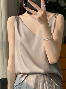真丝吊带背心女桑蚕丝V领无袖打底衫醋酸缎面小西装内搭丝绸上衣