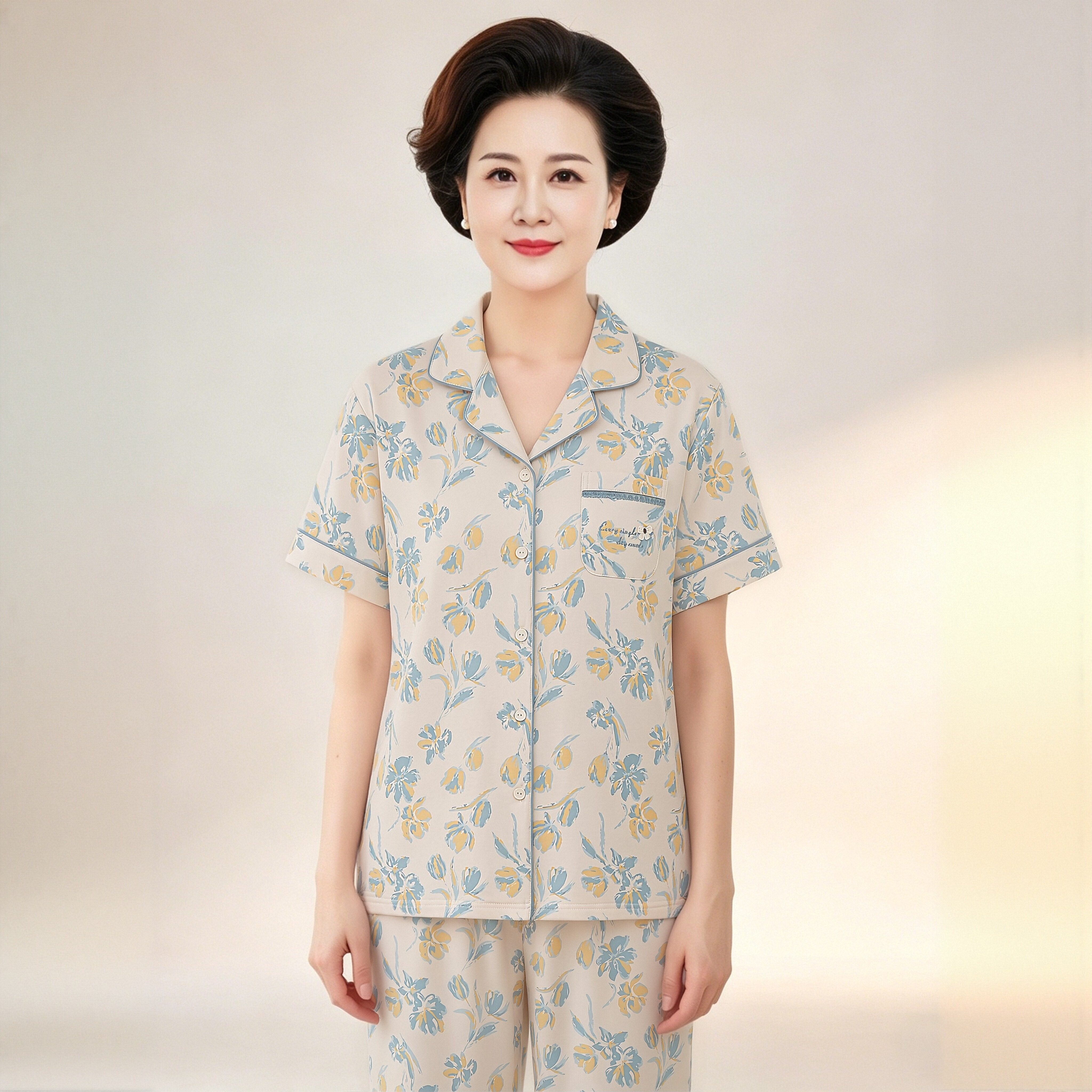 中老年妈妈睡衣夏装蓝黄花卉纯棉女短袖气质衬衫领带胸垫家居服