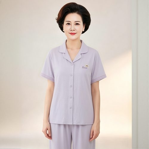 夏季全棉带胸垫衬衫领睡衣套装