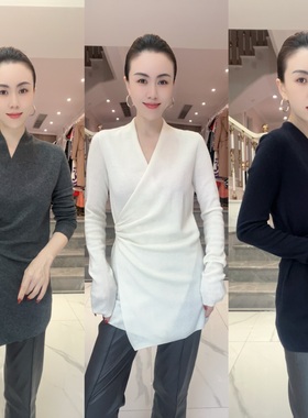 6123研家轻奢2025气质百搭交叠V领褶皱收腰绵羊毛针织上衣