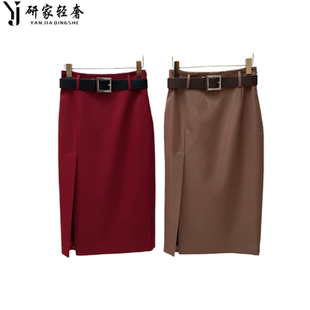 气质干练腰带修身 研家轻奢时尚 显瘦小直筒半裙侧开叉 飒飒 6160