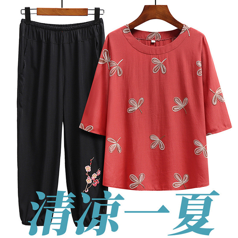 绣花妈妈大码宽松棉麻女中老年中袖奶奶家居服套装老人民族风夏季