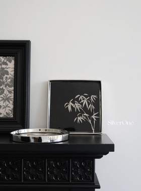 SilverOne黑银色竹叶盘复古新中式装饰陶瓷托盘干果点心盘客厅