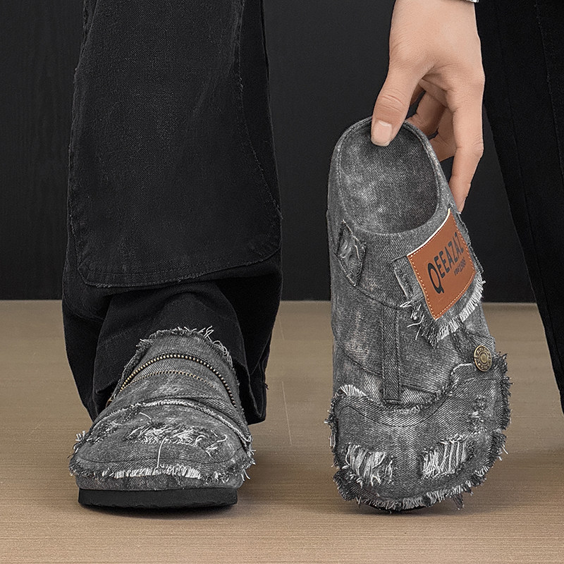 复古破洞牛仔包头半拖鞋男女2026夏季新款透气外穿情侣百搭勃肯鞋