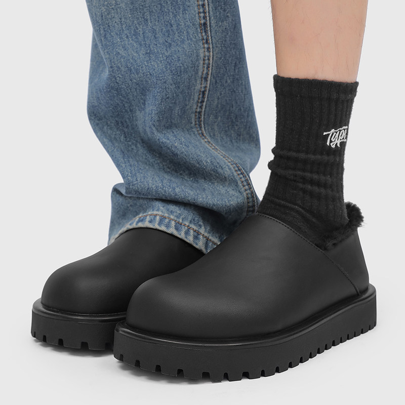 黑色皮面厚底雪地靴男女冬季加绒保暖全包勃肯鞋一脚蹬小土豆棉鞋