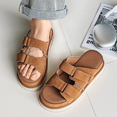 外穿沙滩翻毛皮一字拖增高厚底