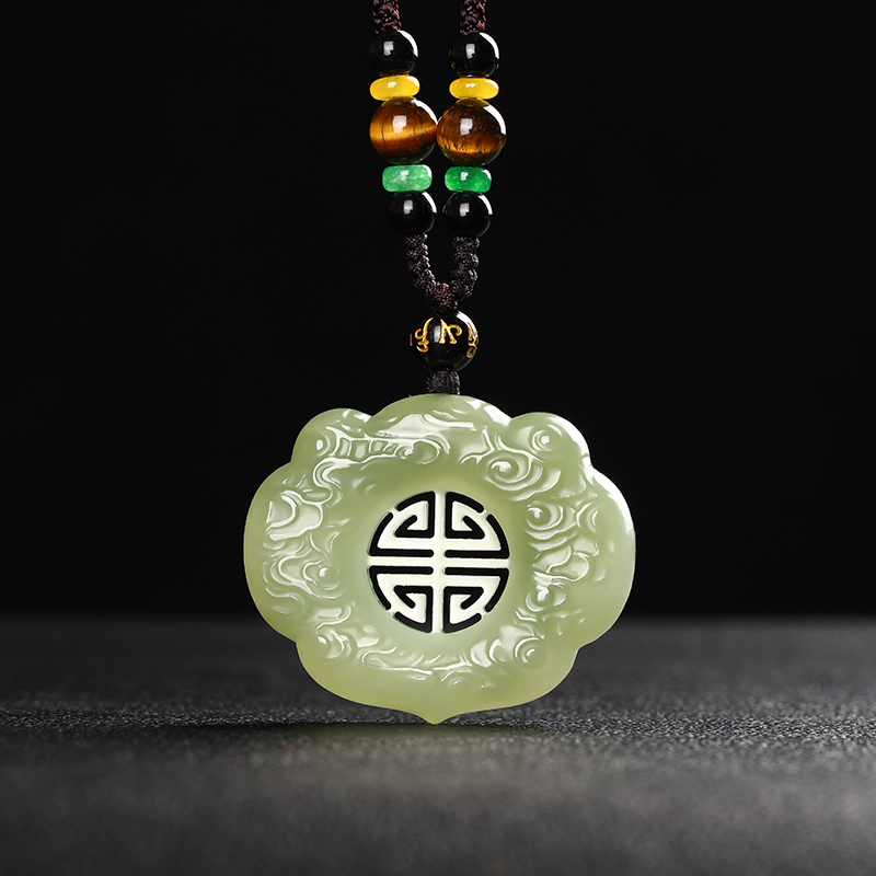 和田玉如意锁玉坠男士女士双面雕刻青白玉祥云富贵锁吊坠玉石挂件