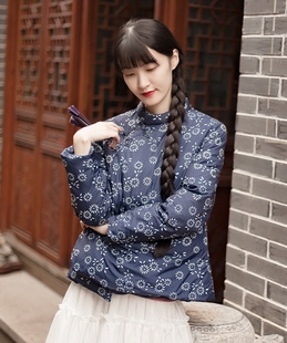 青花蓝染汉服国风外套新中式盘扣羽绒服棉衣秋冬修身保暖短款棉袄